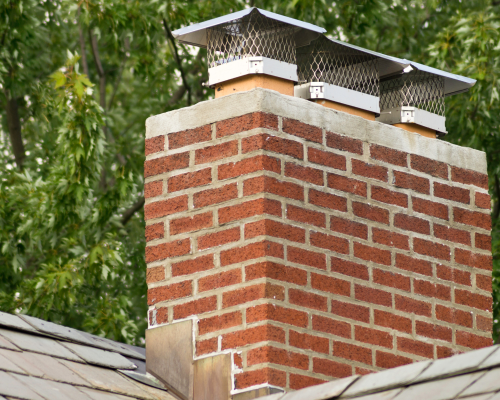 A chimney made out of brown bricks and a chimney cap covering it,