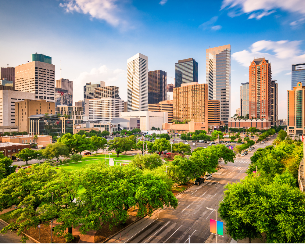 An image of the city of Houston, in Texas. showing the buildings of downtown Houston.